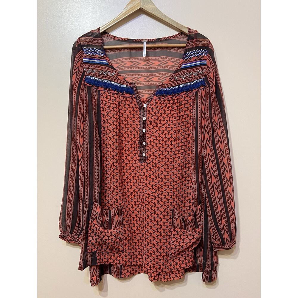 Free People Sheer top Womens button pullover top Boho Hippie sequin beads pocket